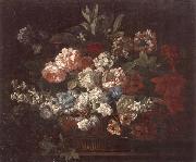 unknow artist Still life of various flowers,in a wicker basket,upon a stone ledge oil on canvas